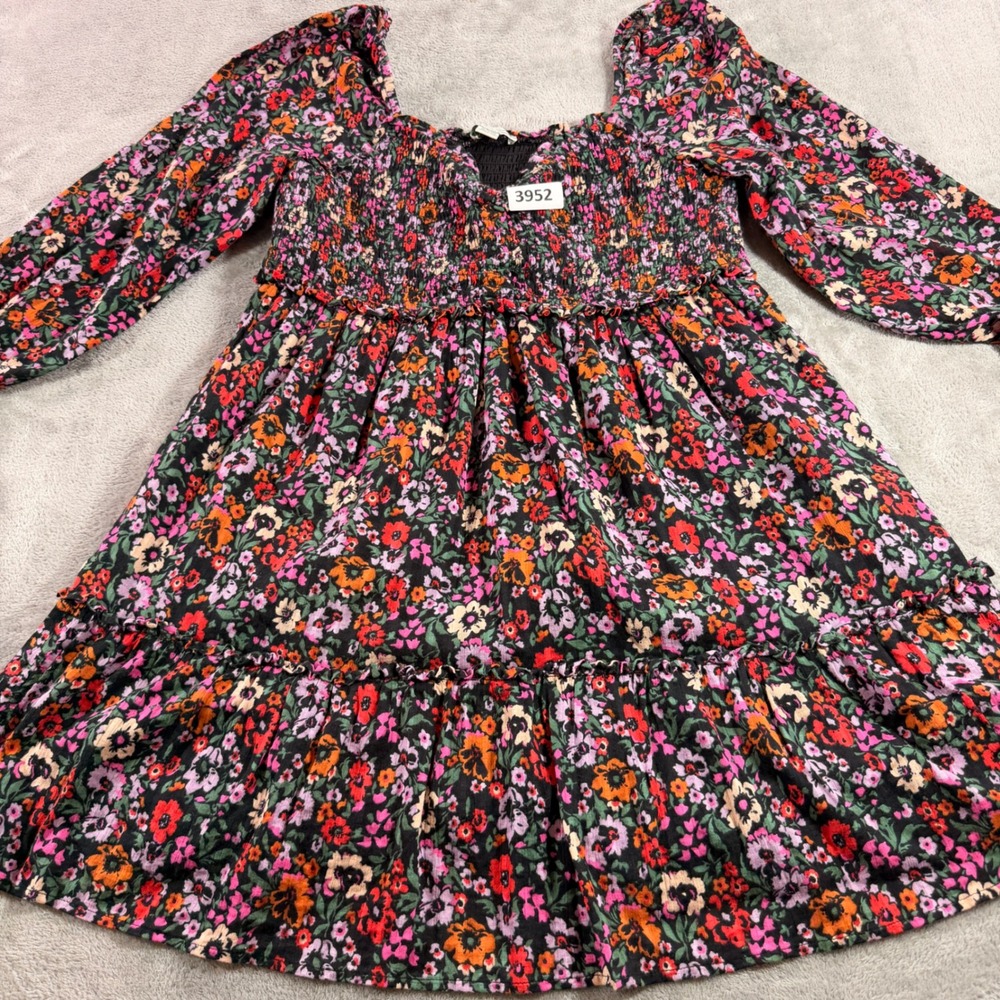 American Eagle Mini Dress Womens XL Black Floral Smocked Babydoll Long Sleeve